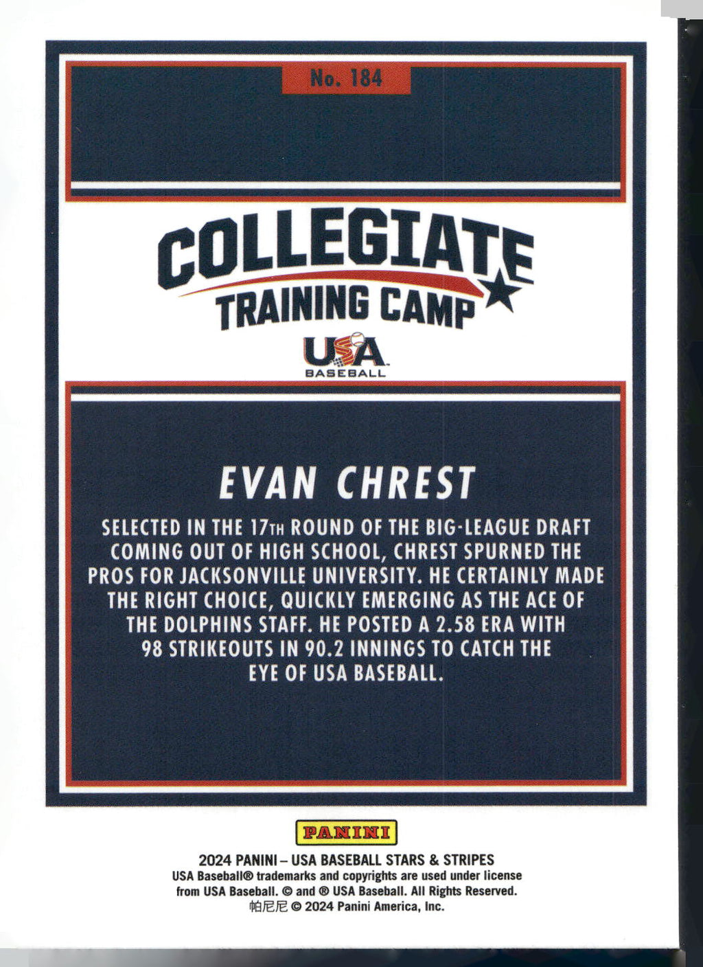 2024 Panini Stars & Stripes USA Baseball #184 Evan Chrest Opening Day