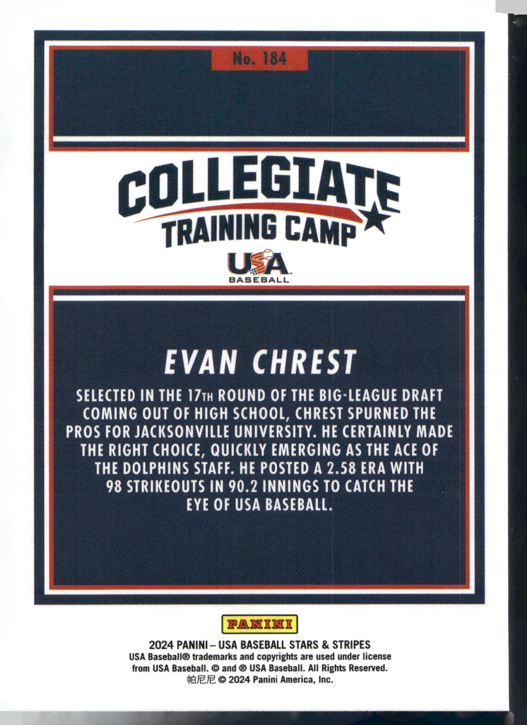 2024 Panini Stars & Stripes USA Baseball #184 Evan Chrest Opening Day
