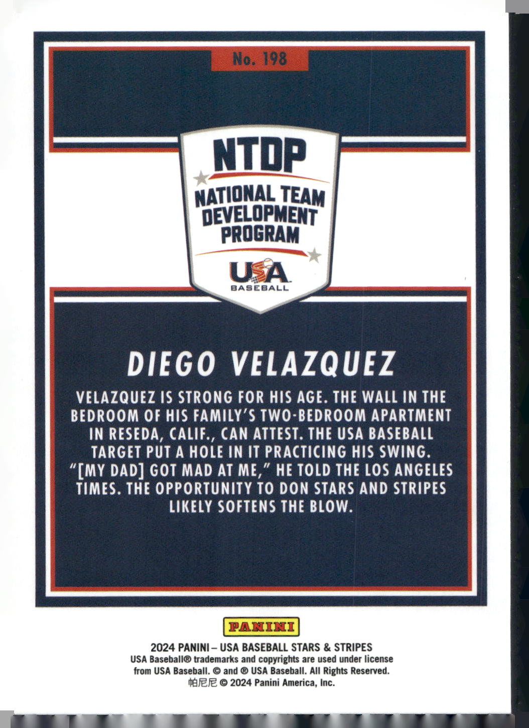 2024 Panini Stars & Stripes USA Baseball #198 Diego Velazquez Opening Day