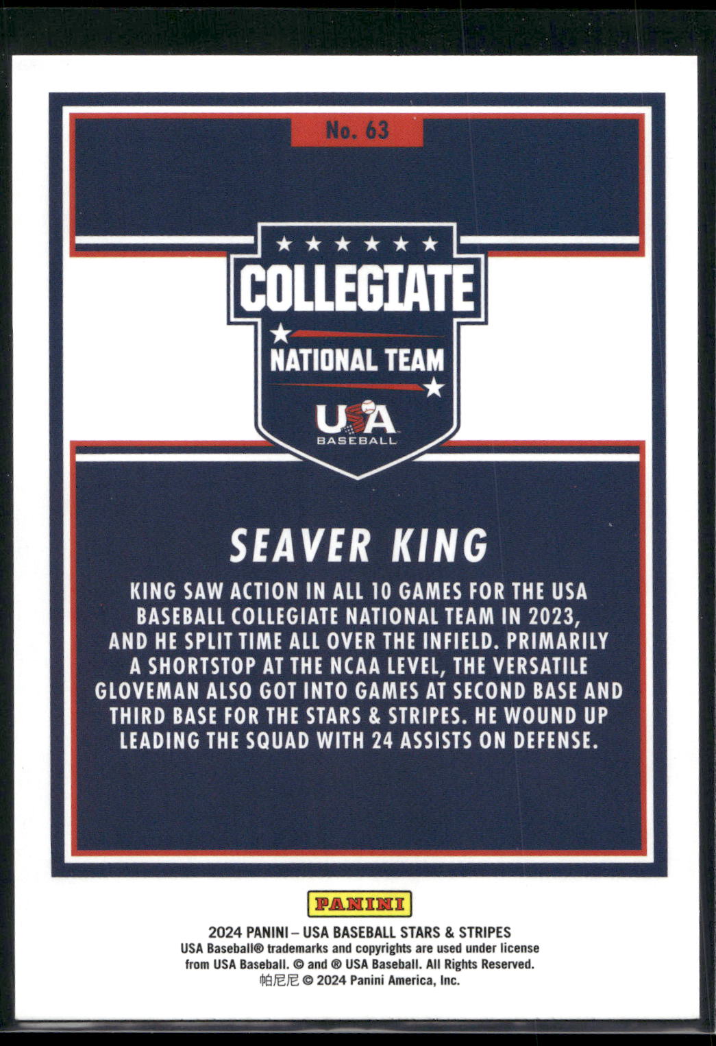 2024 Panini Stars & Stripes USA Baseball #63 Seaver King Opening Day