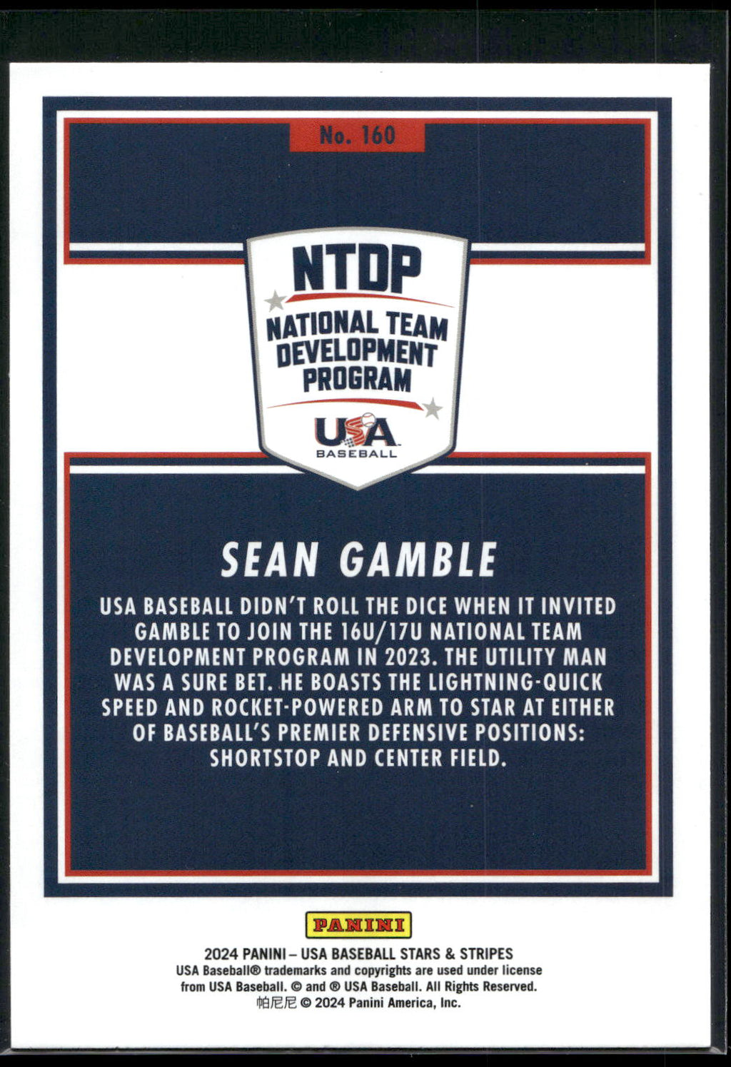 2024 Panini Stars & Stripes USA Baseball #160 Sean Gamble Opening Day