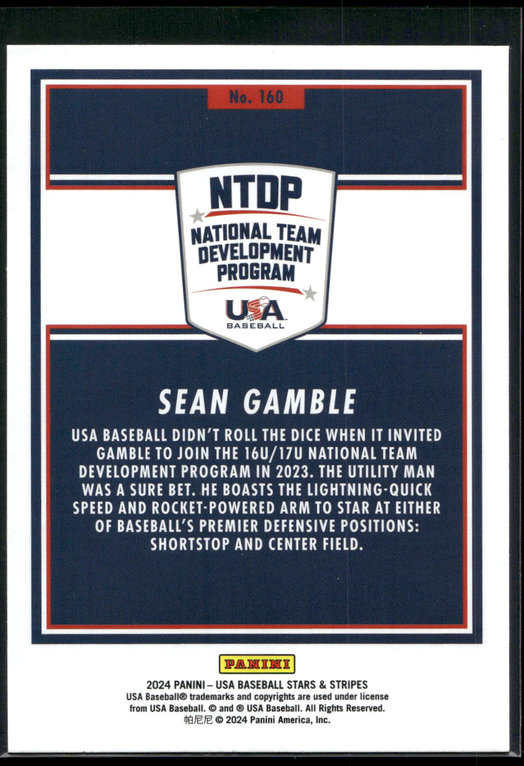 2024 Panini Stars & Stripes USA Baseball #160 Sean Gamble Opening Day