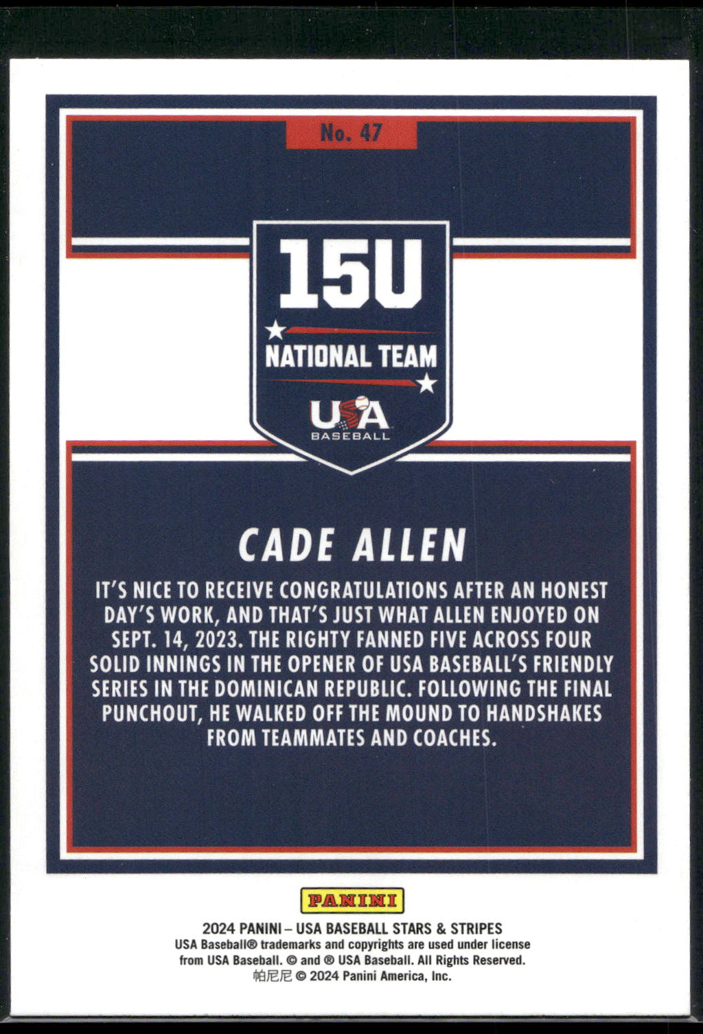 2024 Panini Stars & Stripes USA Baseball #47 Cade Allen Opening Day