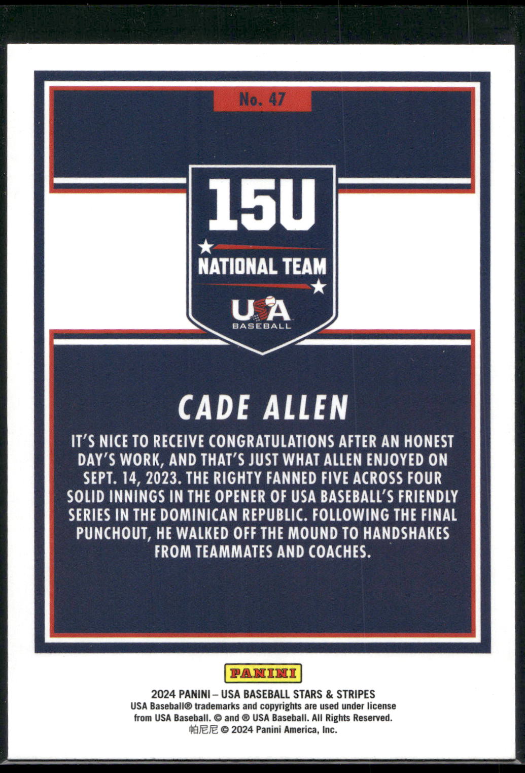 2024 Panini Stars & Stripes USA Baseball #47 Cade Allen Opening Day