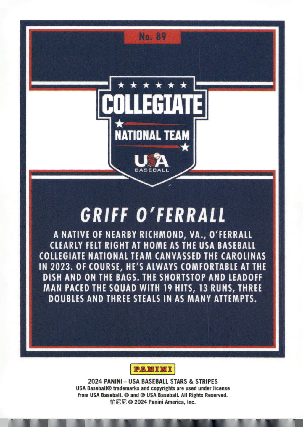 2024 Panini Stars & Stripes USA Baseball #89 Griff O'Ferrall Opening Day