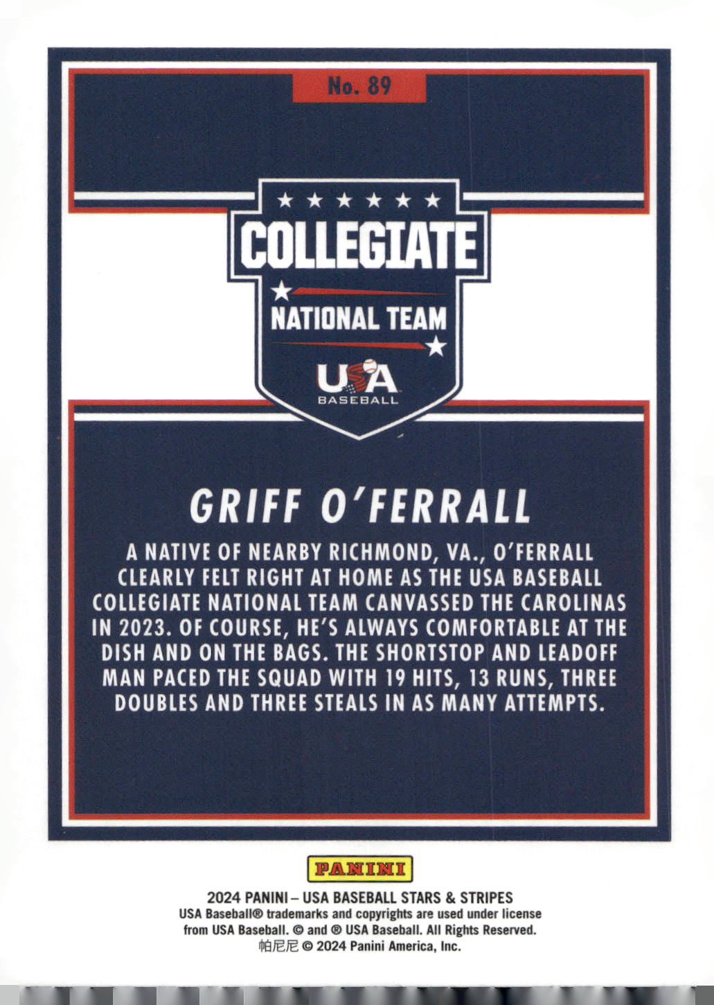2024 Panini Stars & Stripes USA Baseball #89 Griff O'Ferrall Opening Day