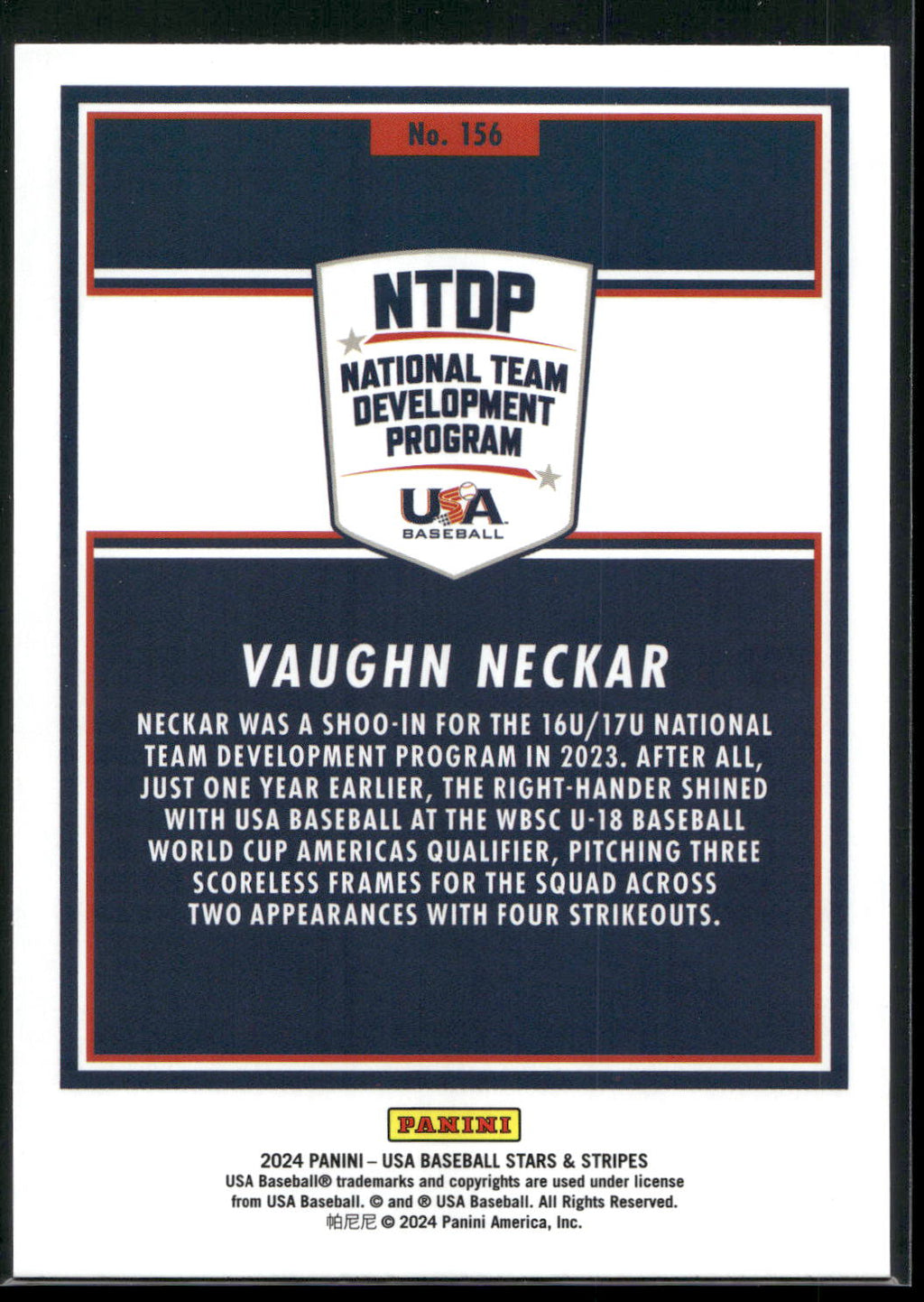 2024 Panini Stars & Stripes USA Baseball #156 Vaughn Neckar Opening Day