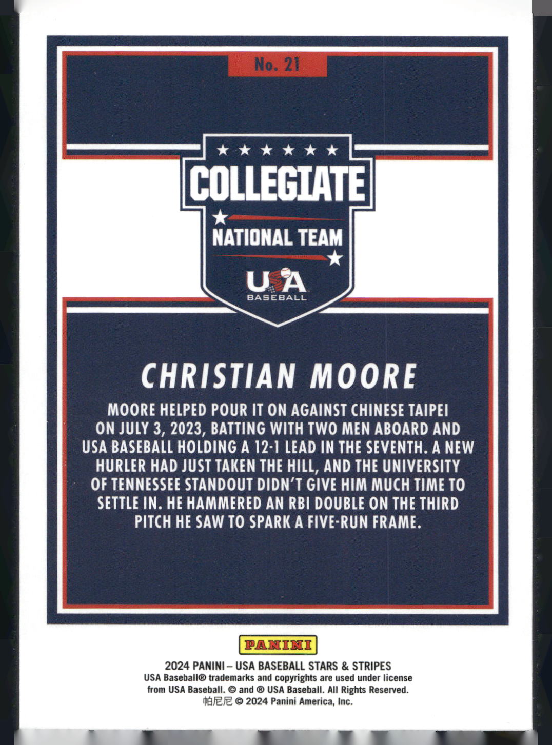 2024 Panini Stars & Stripes USA Baseball #21 Christian Moore Opening Day