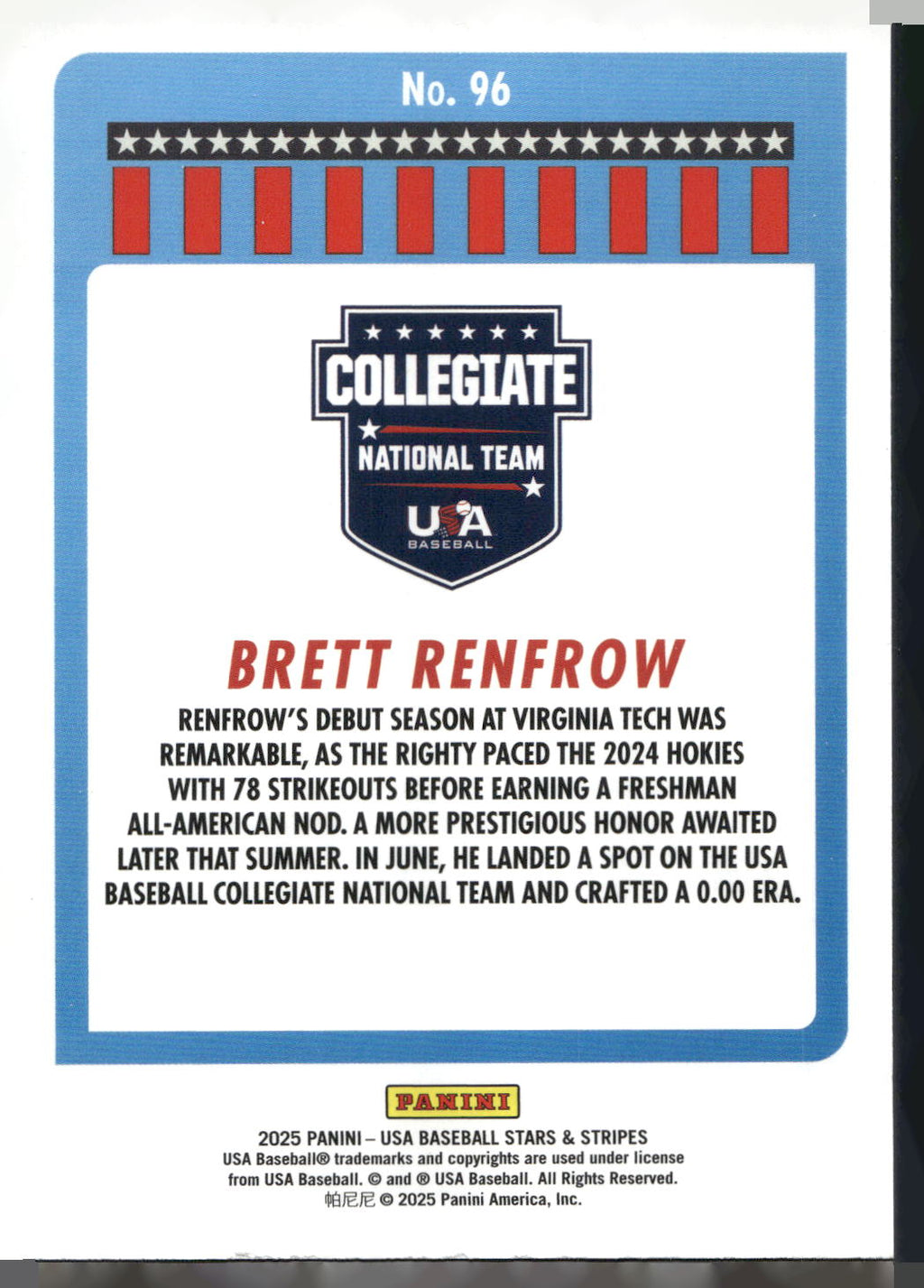 2025 Panini Stars & Stripes USA Baseball #96 Brett Renfrow Opening Day