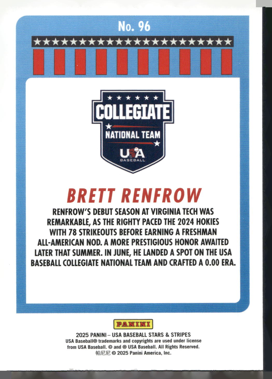 2025 Panini Stars & Stripes USA Baseball #96 Brett Renfrow Opening Day