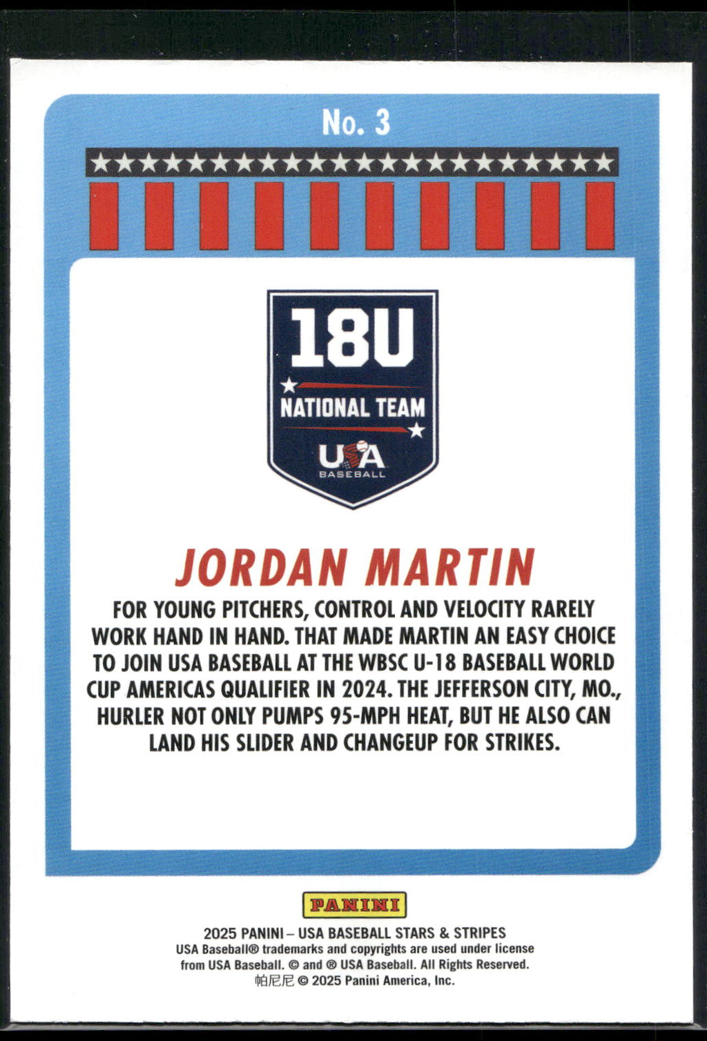 2025 Panini Stars & Stripes USA Baseball #3 Jordan Martin Opening Day