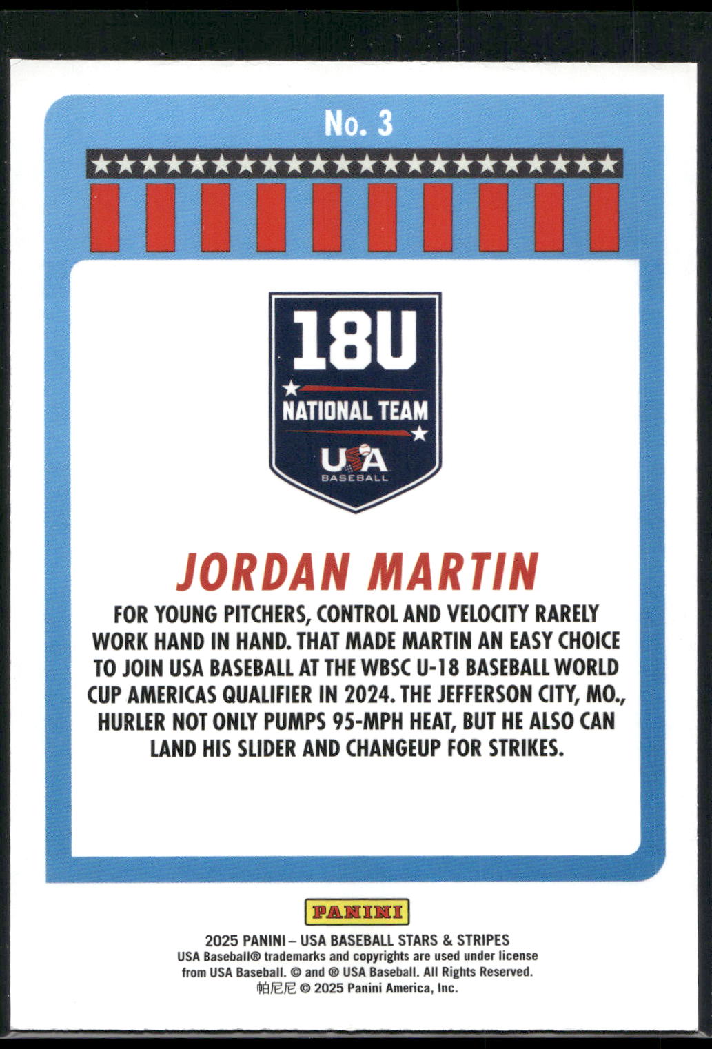 2025 Panini Stars & Stripes USA Baseball #3 Jordan Martin Opening Day