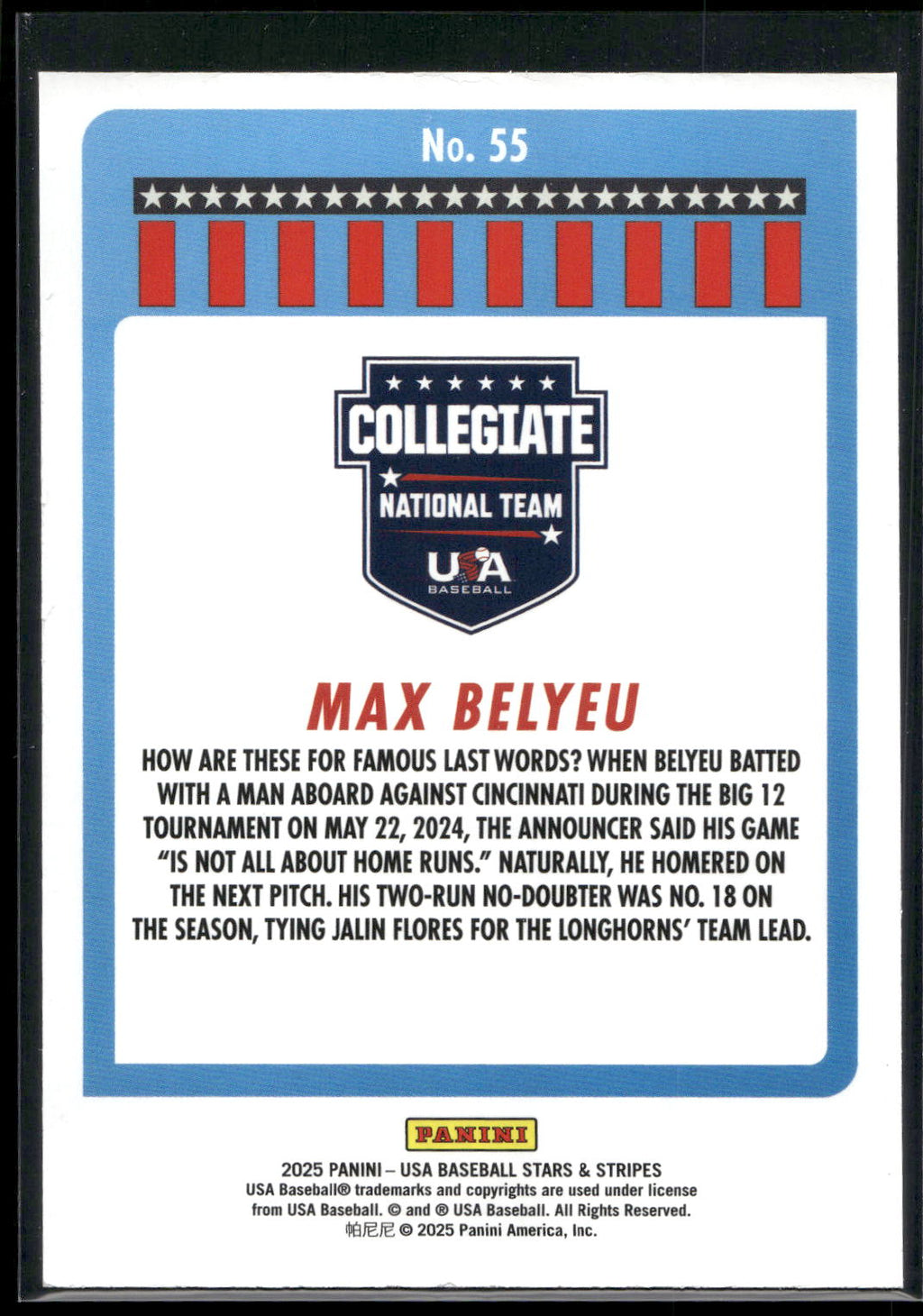 2025 Panini Stars & Stripes USA Baseball #55 Max Belyeu Opening Day
