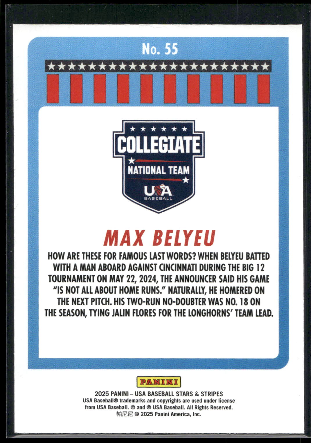 2025 Panini Stars & Stripes USA Baseball #55 Max Belyeu Opening Day