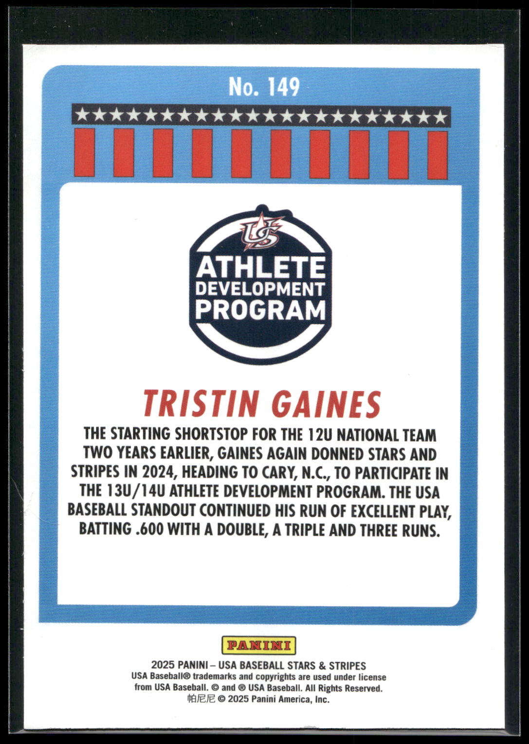 2025 Panini Stars & Stripes USA Baseball #149 Tristin Gaines Opening Day