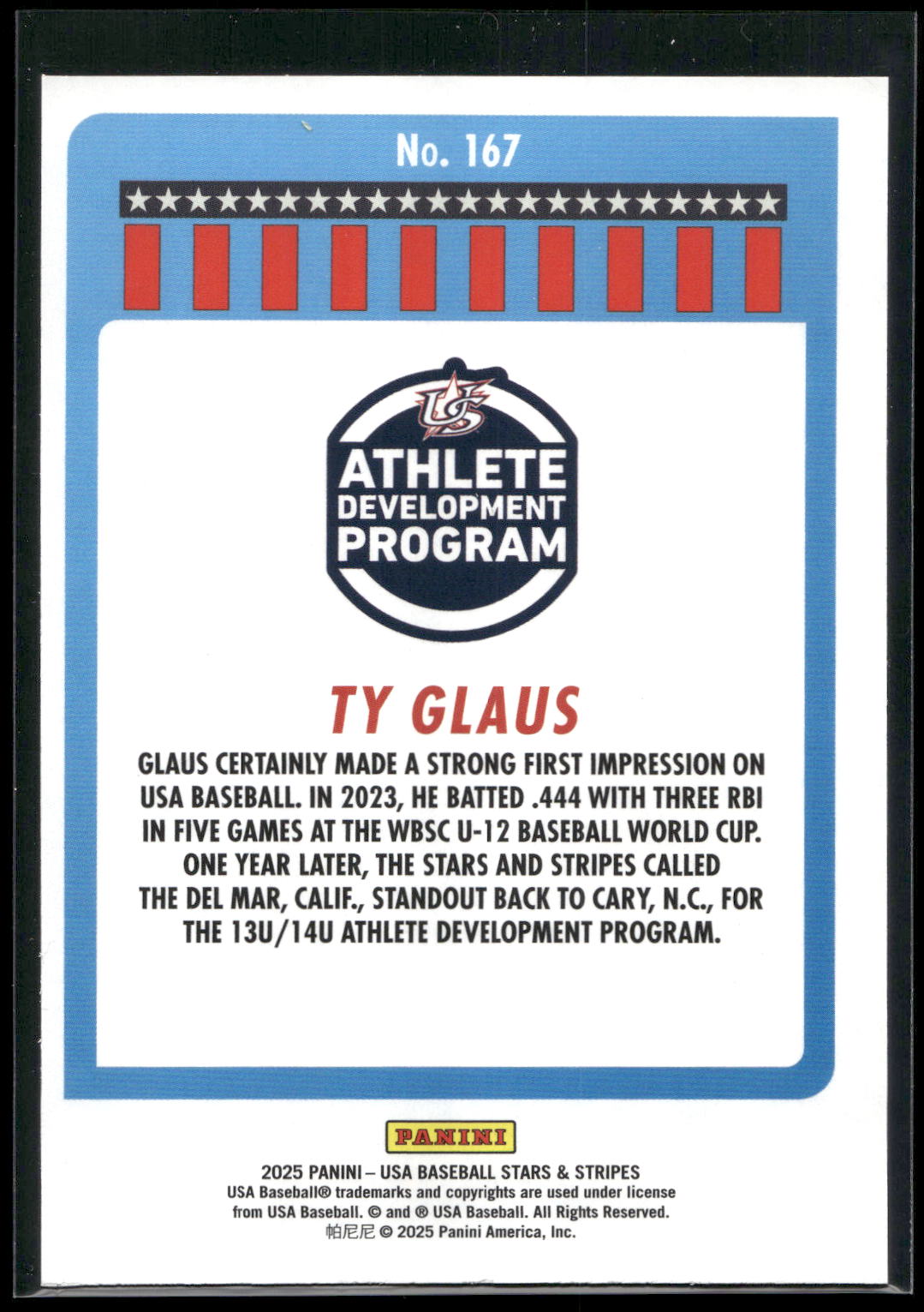 2025 Panini Stars & Stripes USA Baseball #167 Ty Glaus Opening Day