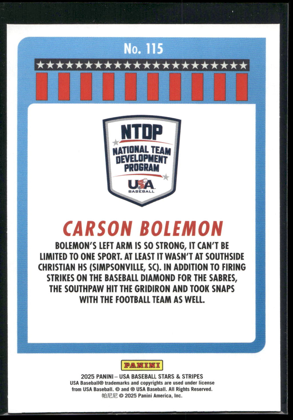 2025 Panini Stars & Stripes USA Baseball #115 Carson Bolemon Opening Day