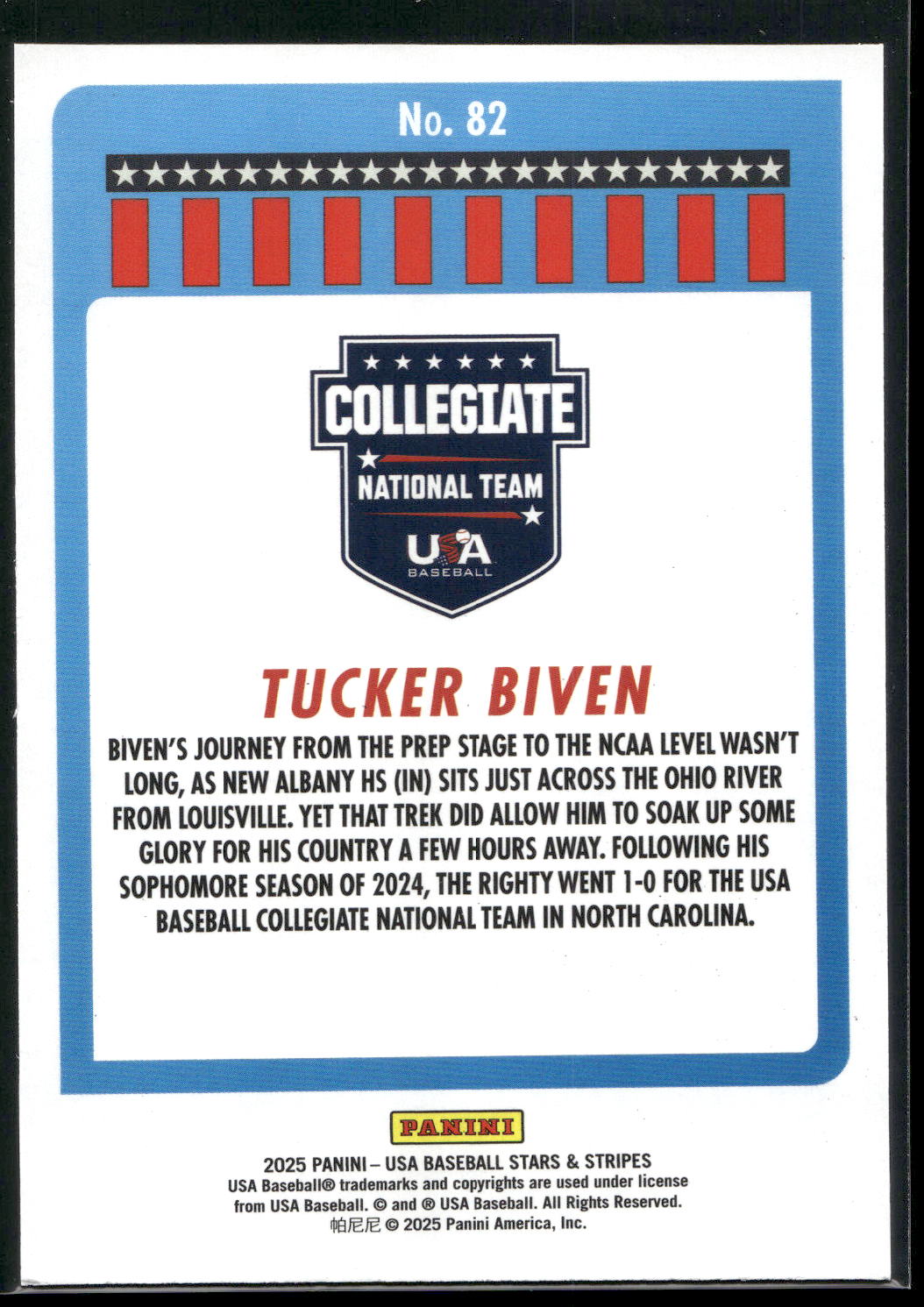 2025 Panini Stars & Stripes USA Baseball #82 Tucker Biven