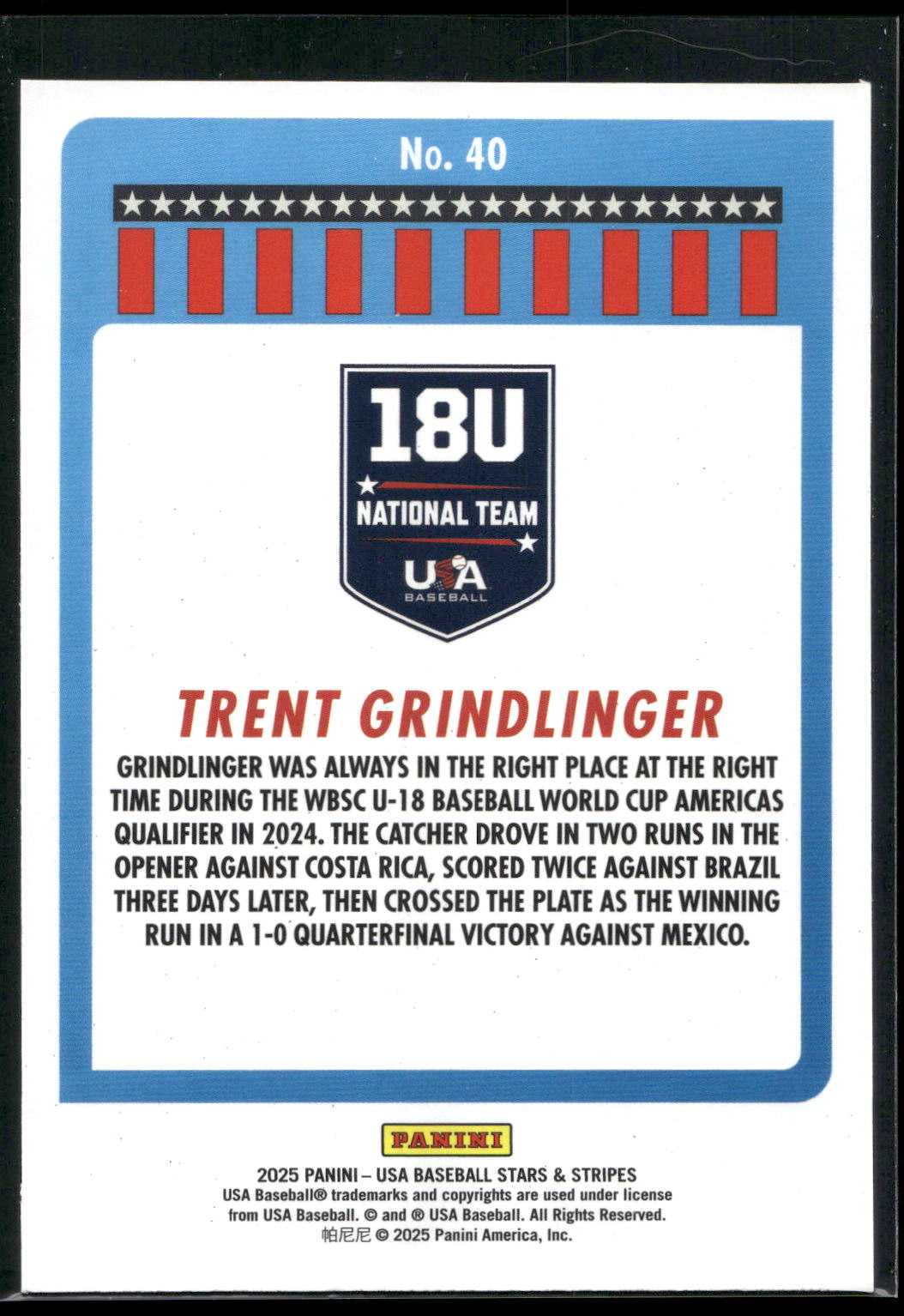 2025 Panini Stars & Stripes USA Baseball #40 Trent Grindlinger