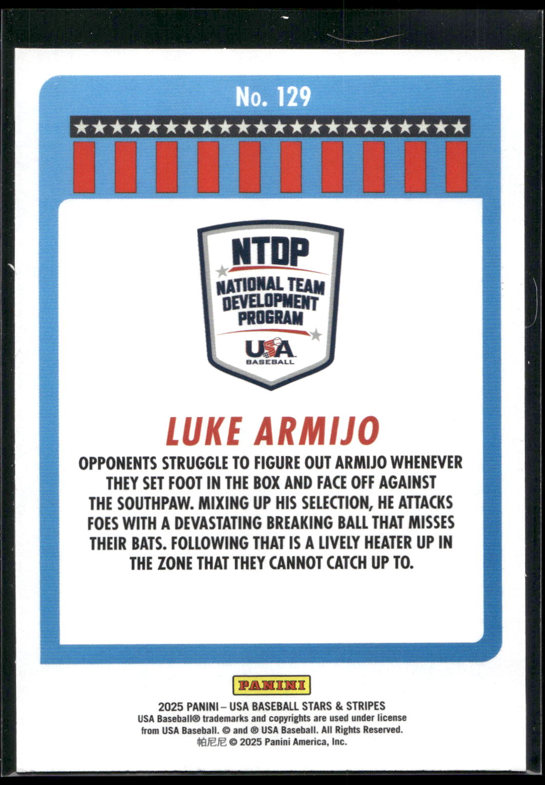 2025 Panini Stars & Stripes USA Baseball #129 Luke Armijo