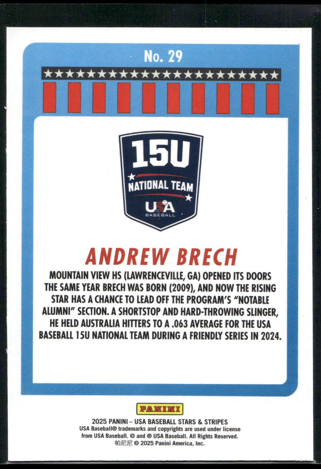 2025 Panini Stars & Stripes USA Baseball #29 Andrew Brech