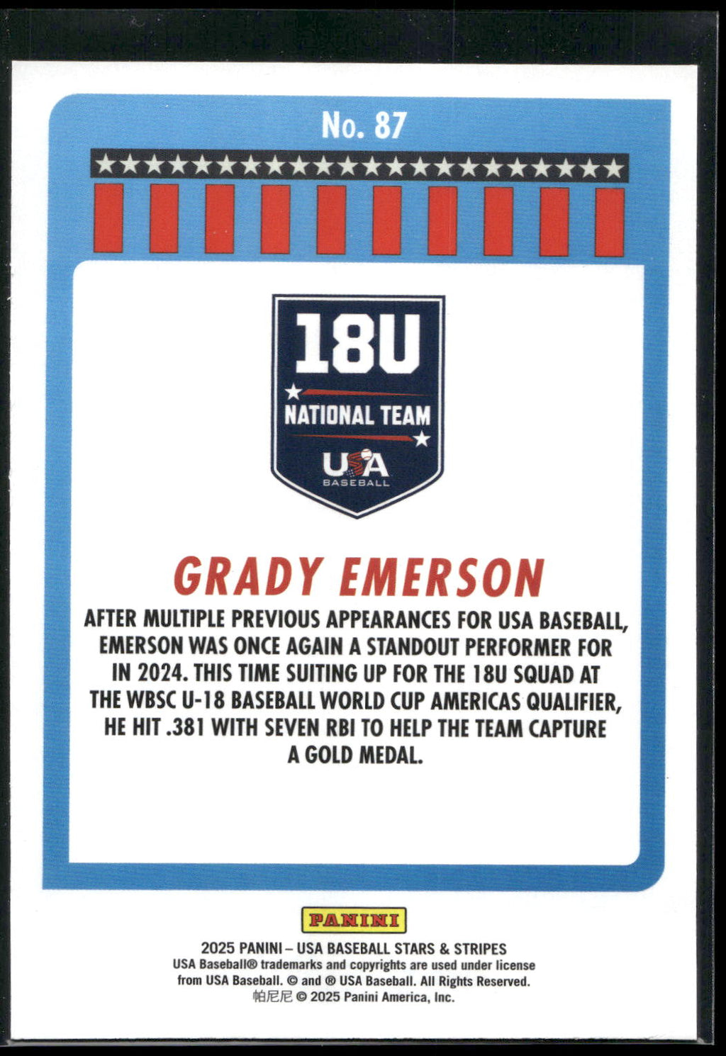 2025 Panini Stars & Stripes USA Baseball #87 Grady Emerson