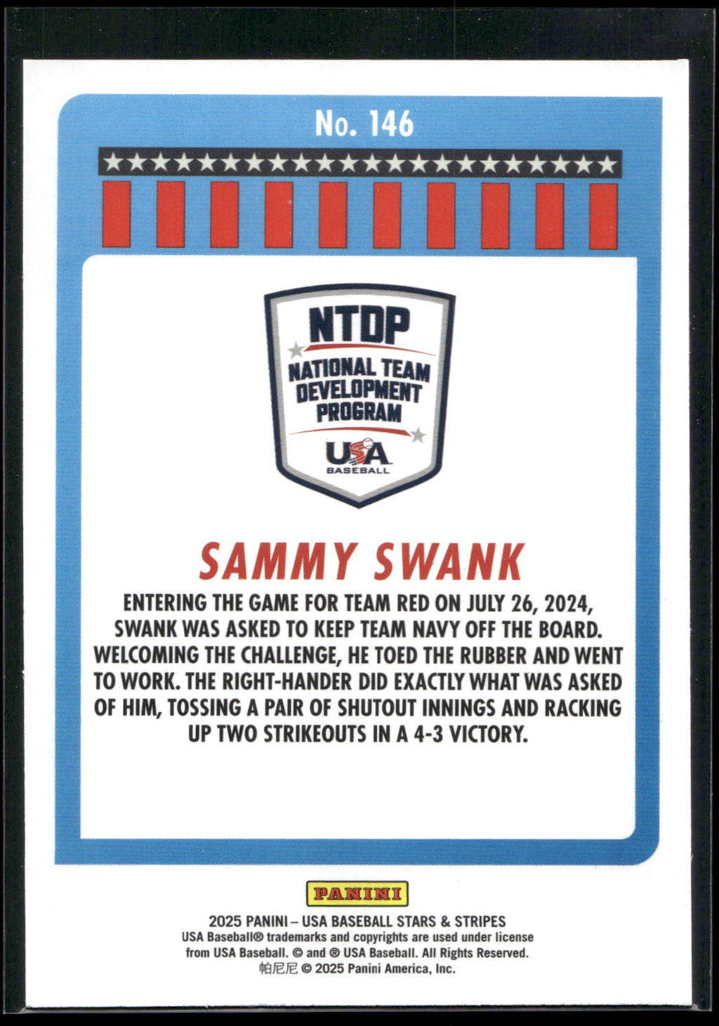 2025 Panini Stars & Stripes USA Baseball #146 Sammy Swank