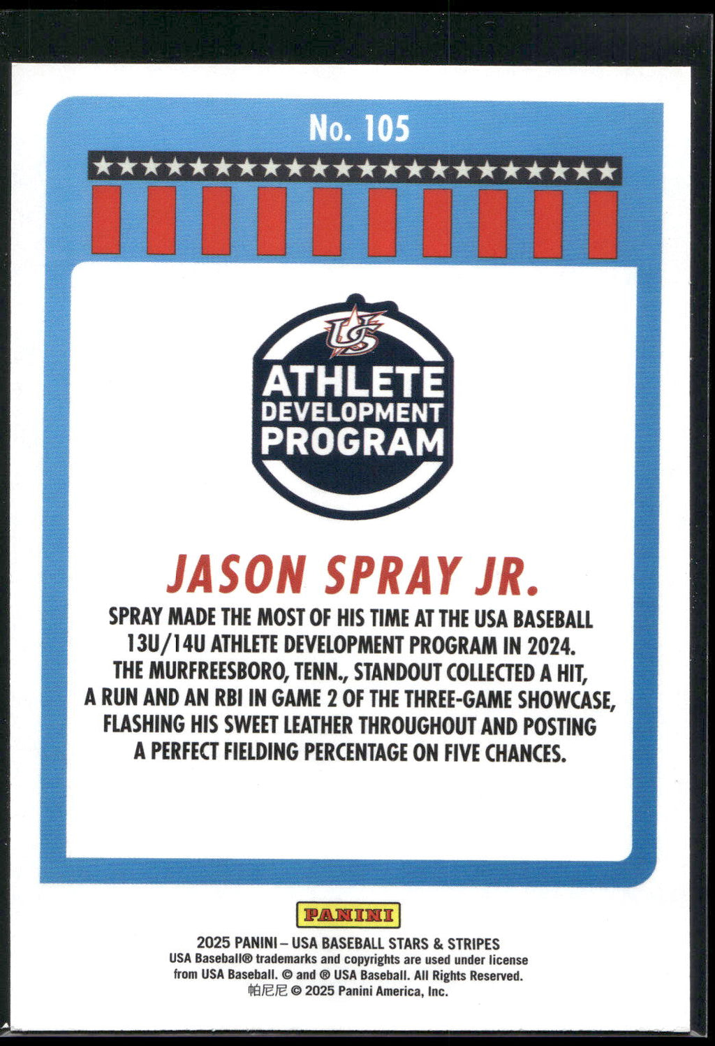 2025 Panini Stars & Stripes USA Baseball #105 Jason Spray Jr.