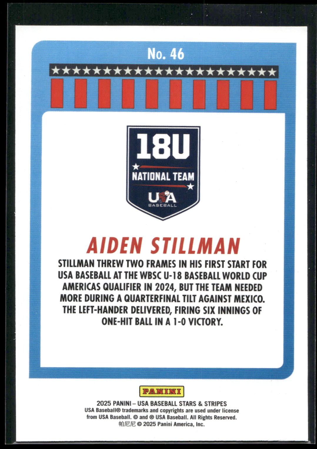 2025 Panini Stars & Stripes USA Baseball #46 Aiden Stillman