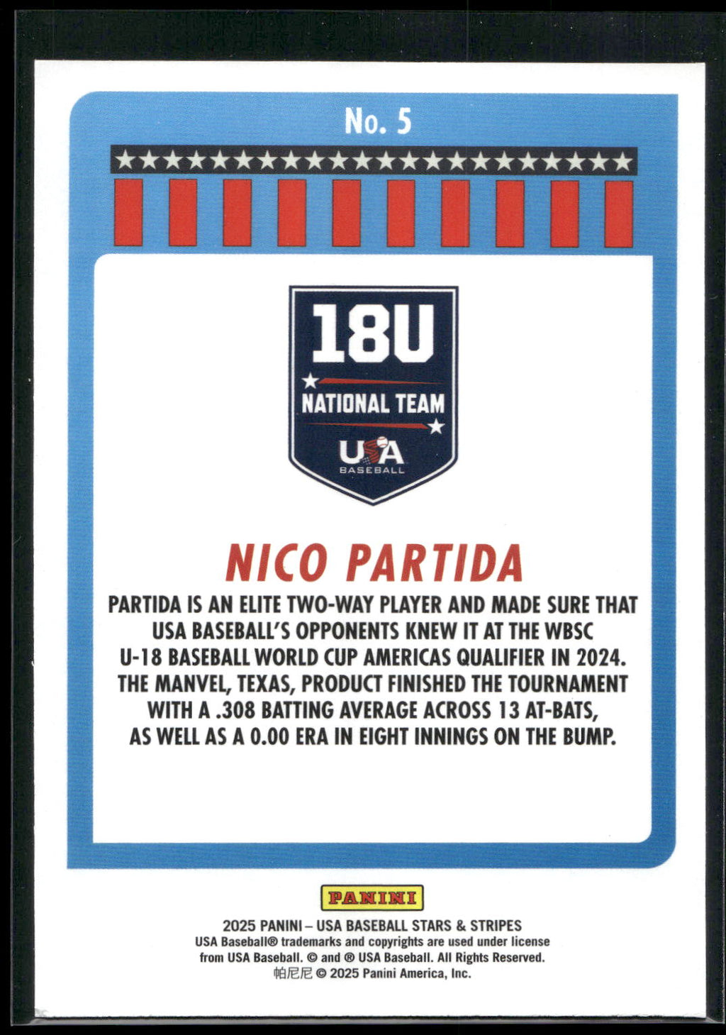 2025 Panini Stars & Stripes USA Baseball #5 Nico Partida