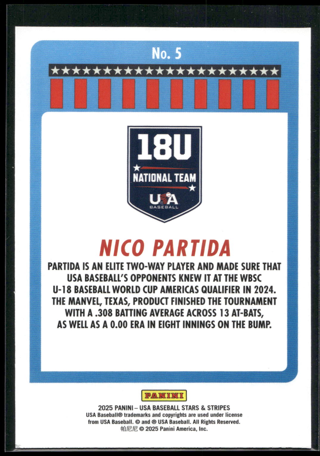 2025 Panini Stars & Stripes USA Baseball #5 Nico Partida