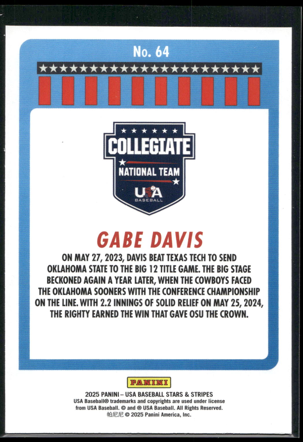 2025 Panini Stars & Stripes USA Baseball #64 Gabe Davis