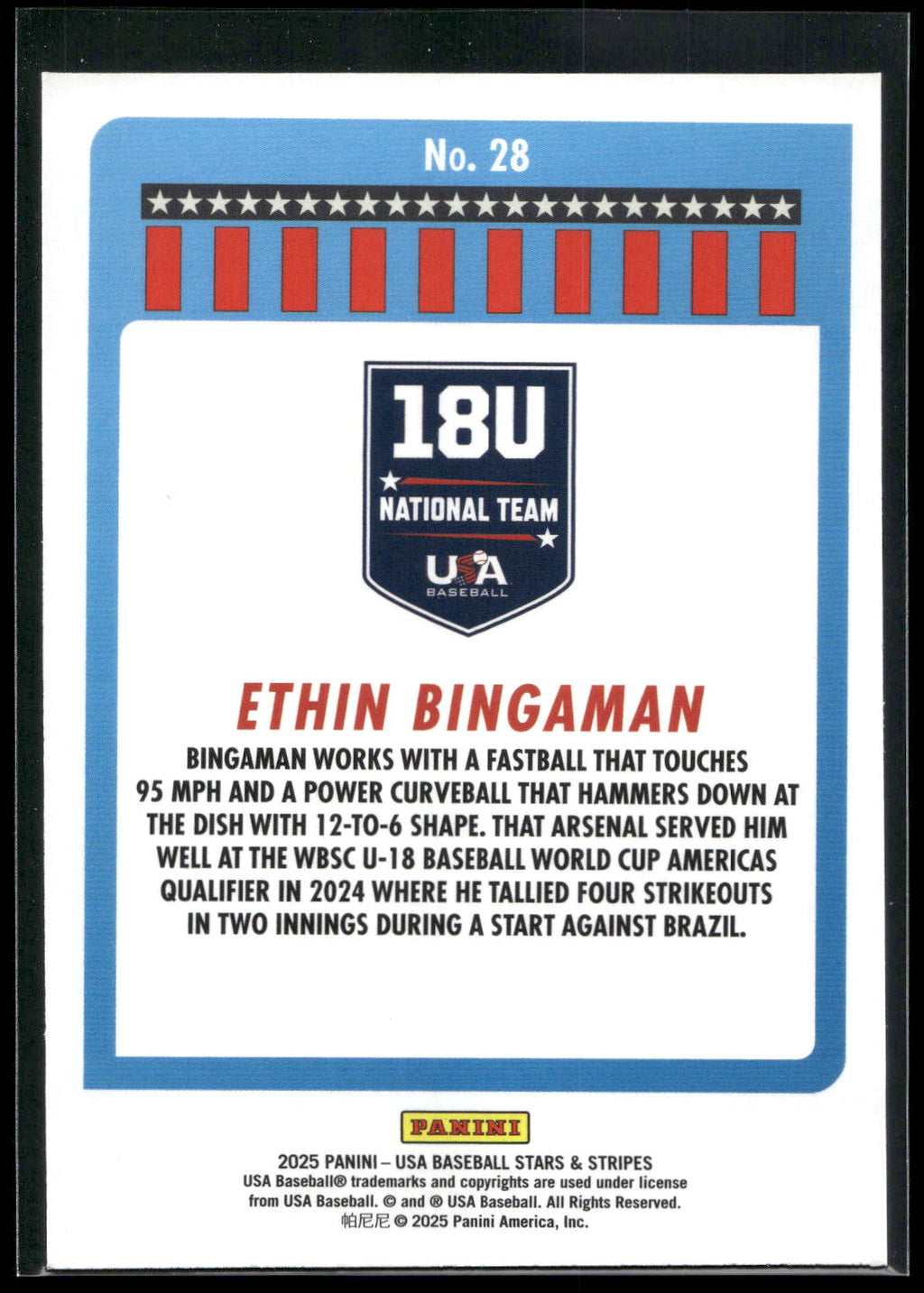 2025 Panini Stars & Stripes USA Baseball #28 Ethin Bingaman