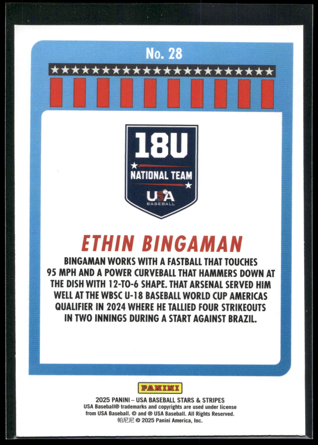 2025 Panini Stars & Stripes USA Baseball #28 Ethin Bingaman