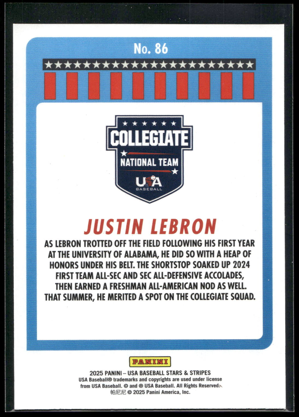 2025 Panini Stars & Stripes USA Baseball #86 Justin Lebron