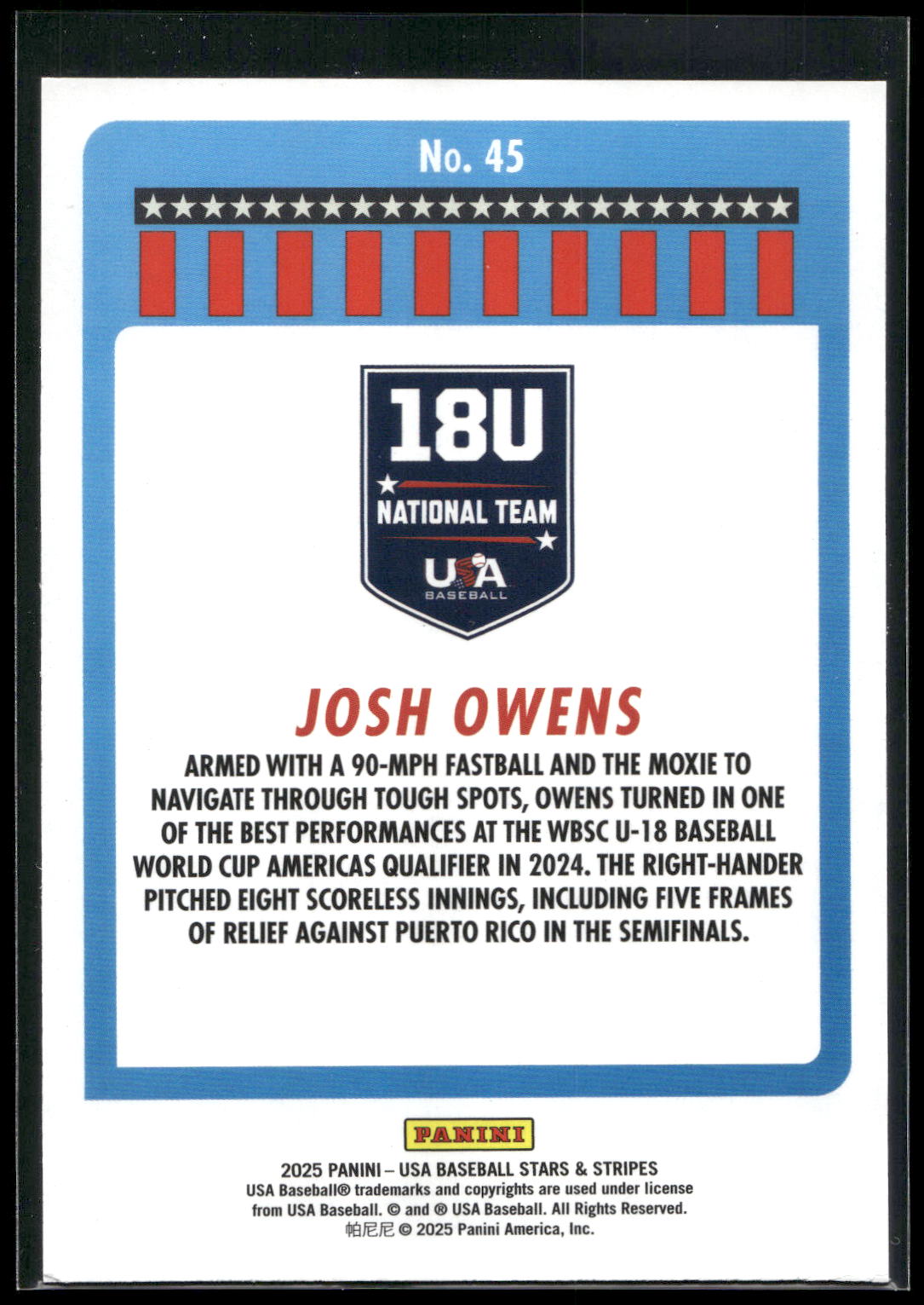 2025 Panini Stars & Stripes USA Baseball #45 Josh Owens