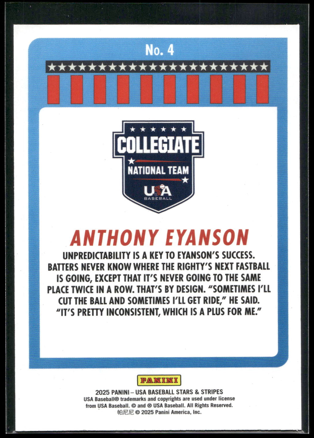 2025 Panini Stars & Stripes USA Baseball #4 Anthony Eyanson