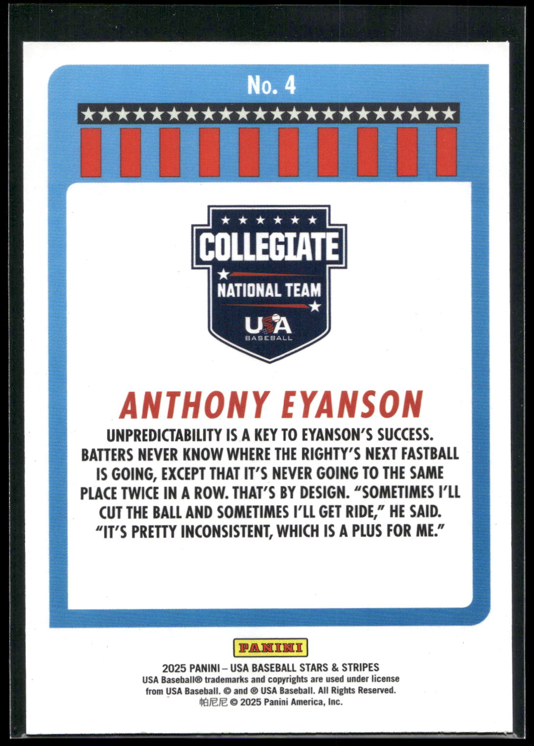 2025 Panini Stars & Stripes USA Baseball #4 Anthony Eyanson