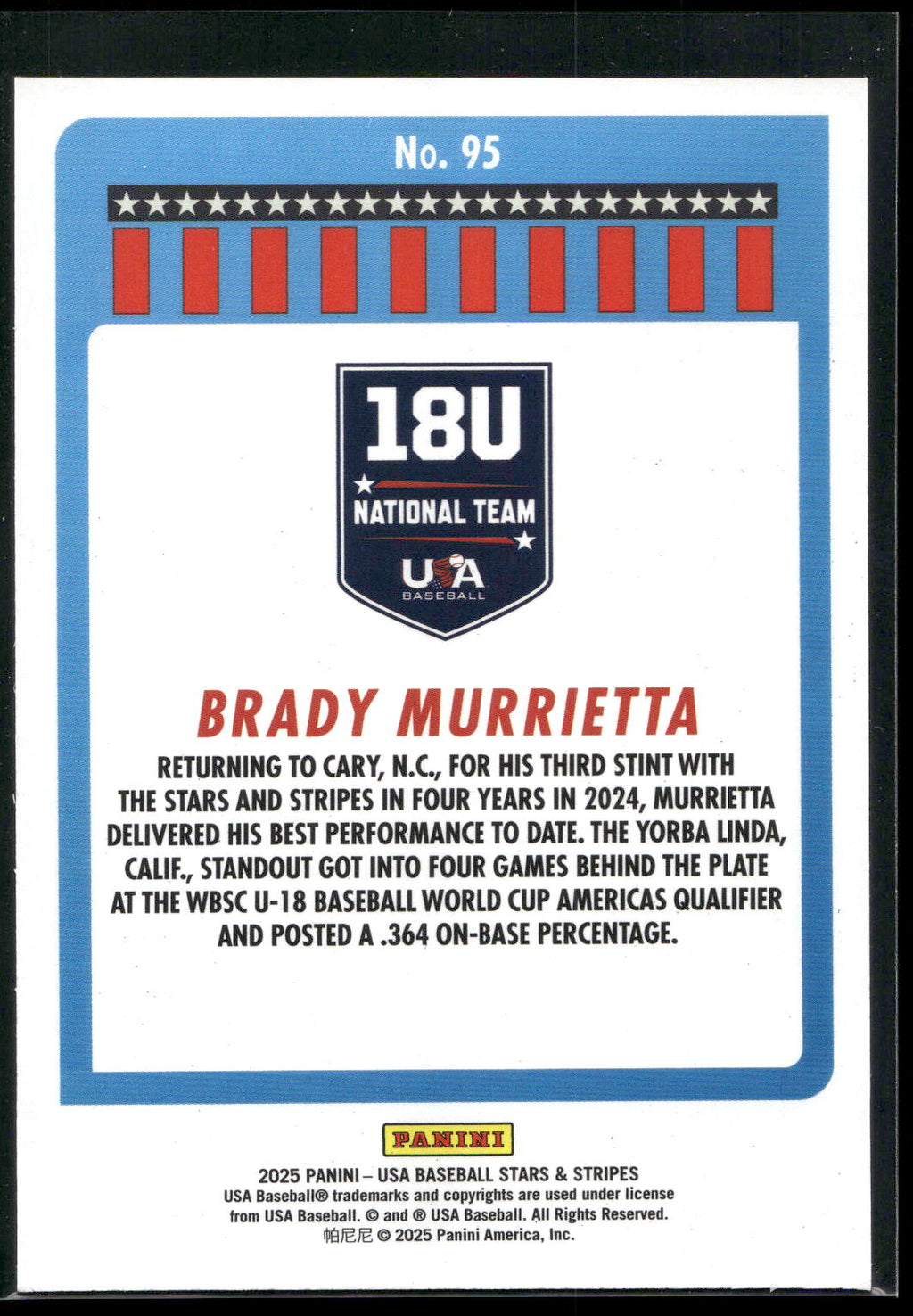 2025 Panini Stars & Stripes USA Baseball #95 Brady Murrietta