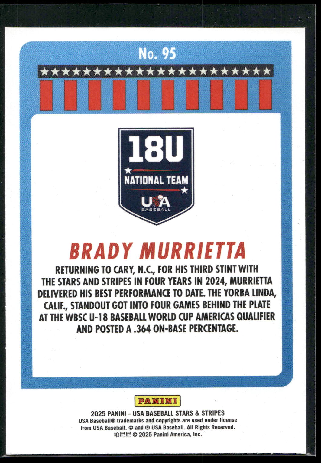 2025 Panini Stars & Stripes USA Baseball #95 Brady Murrietta