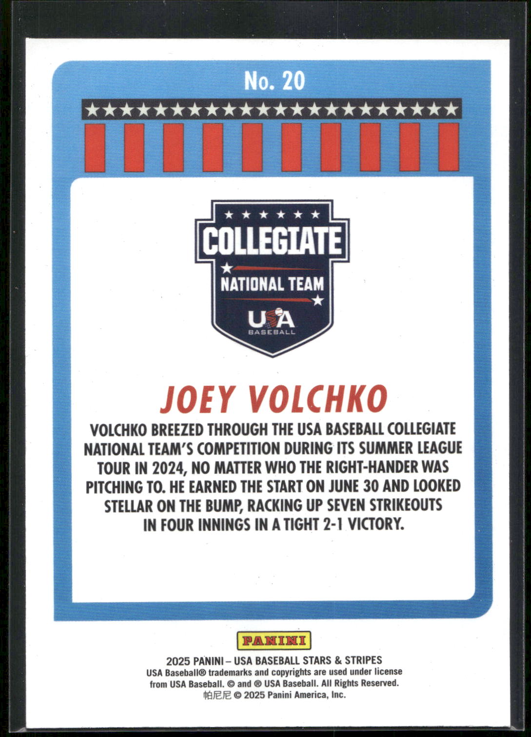 2025 Panini Stars & Stripes USA Baseball #20 Joey Volchko