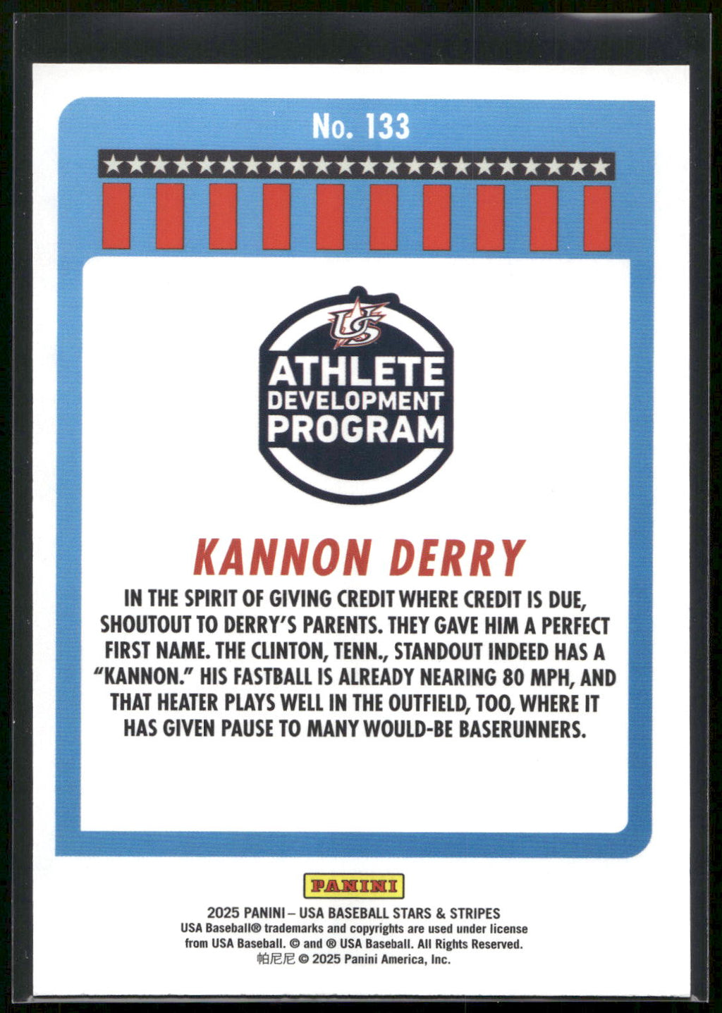 2025 Panini Stars & Stripes USA Baseball #133 Kannon Derry