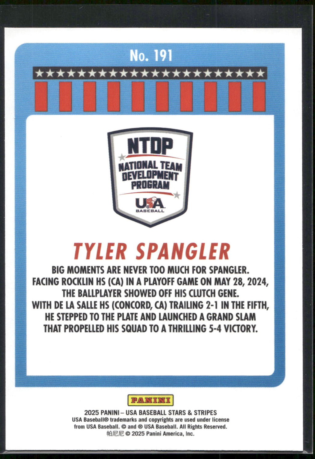 2025 Panini Stars & Stripes USA Baseball #191 Tyler Spangler