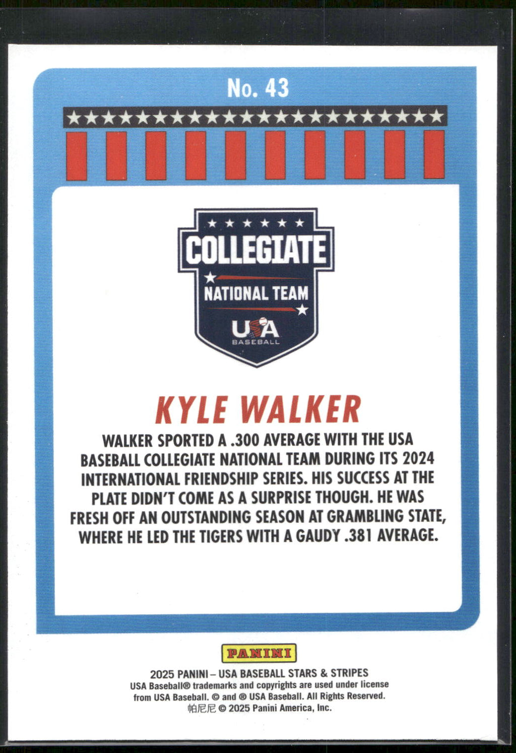 2025 Panini Stars & Stripes USA Baseball #43 Kyle Walker