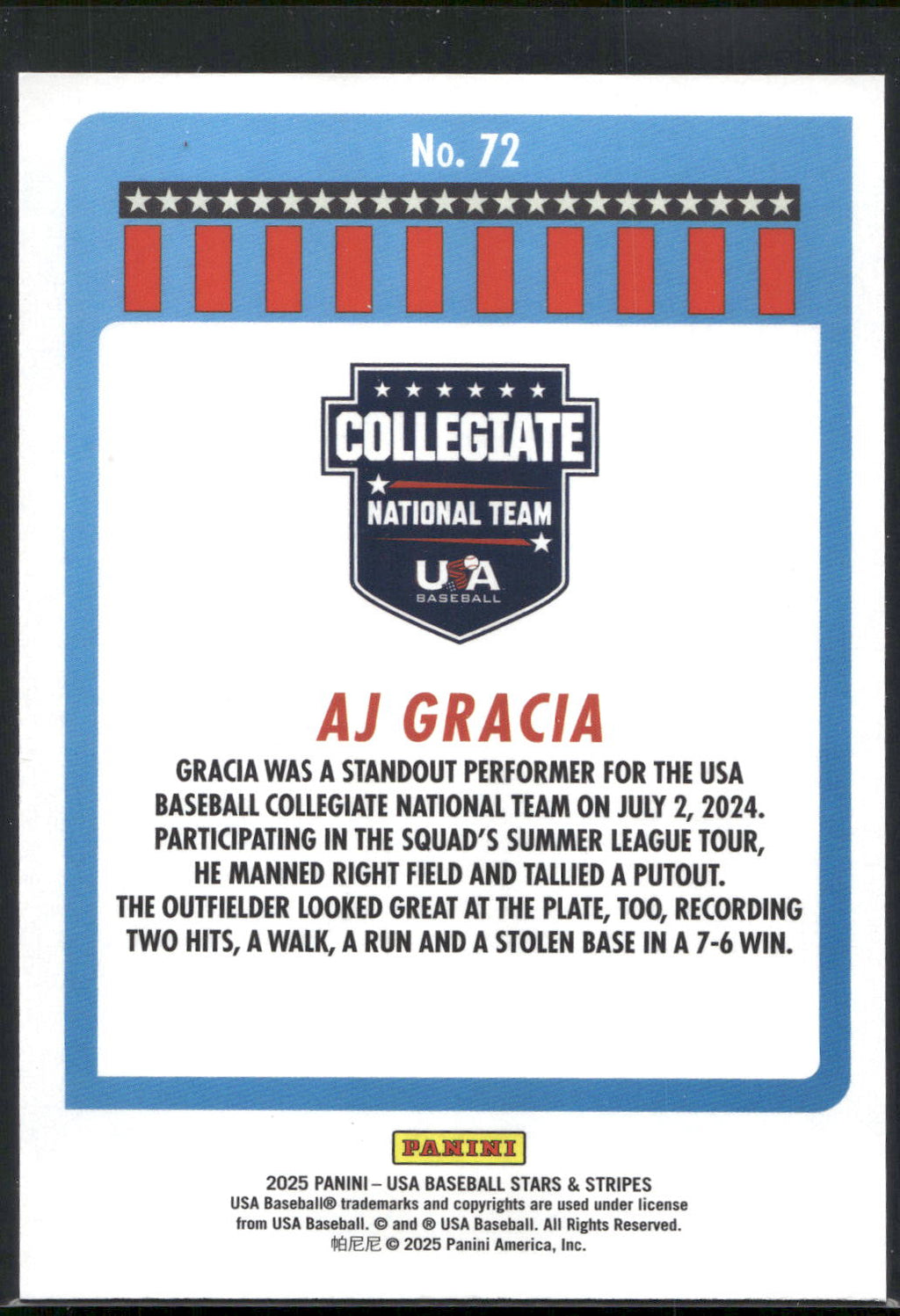 2025 Panini Stars & Stripes USA Baseball #72 AJ Gracia