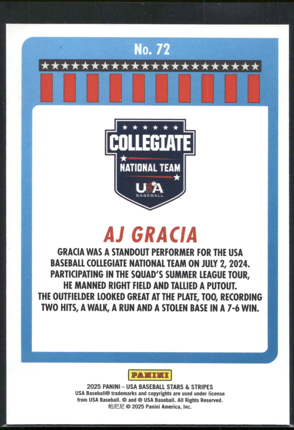 2025 Panini Stars & Stripes USA Baseball #72 AJ Gracia