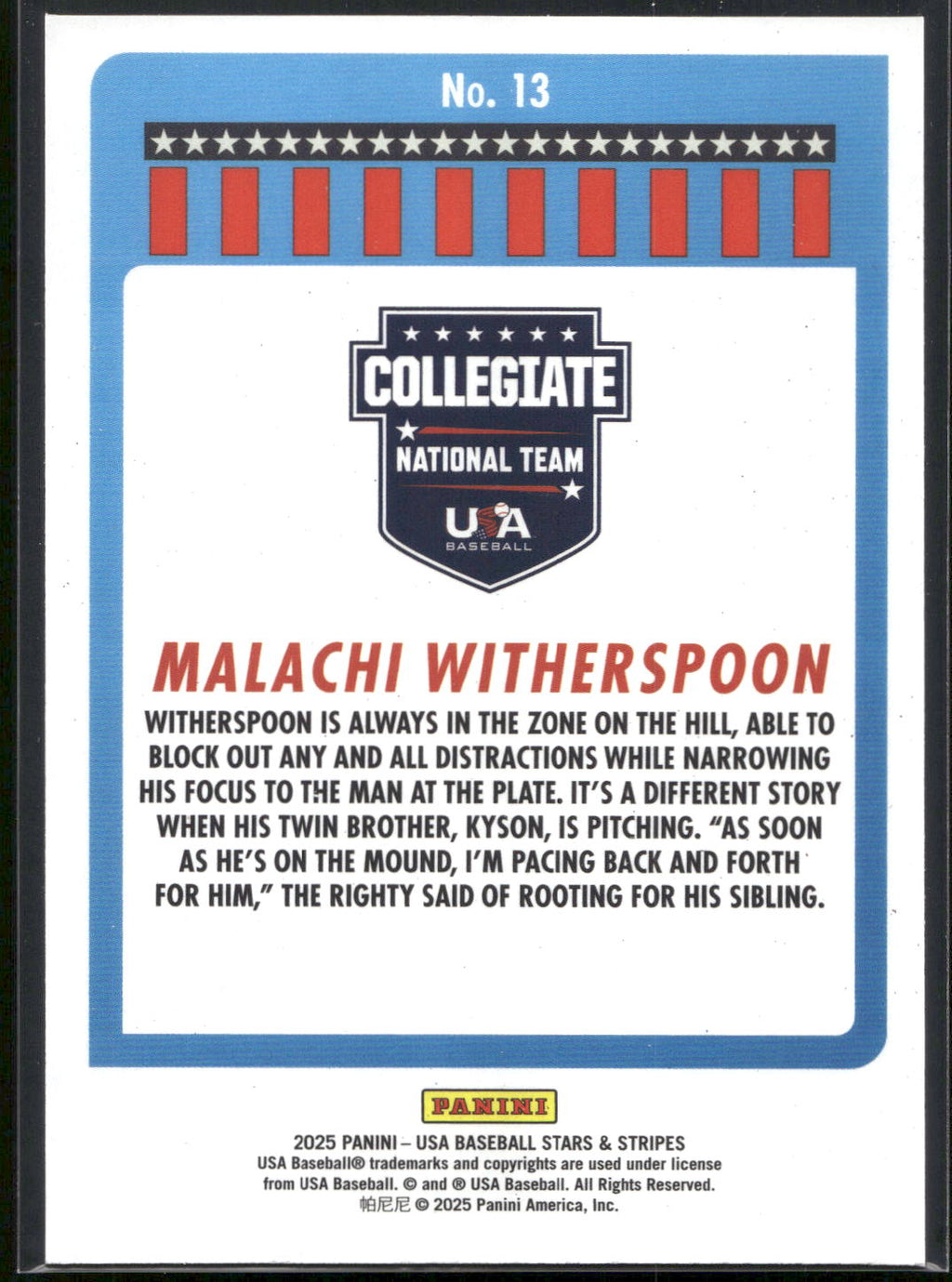 2025 Panini Stars & Stripes USA Baseball #13 Malachi Witherspoon
