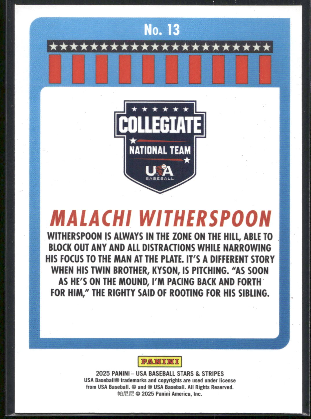 2025 Panini Stars & Stripes USA Baseball #13 Malachi Witherspoon