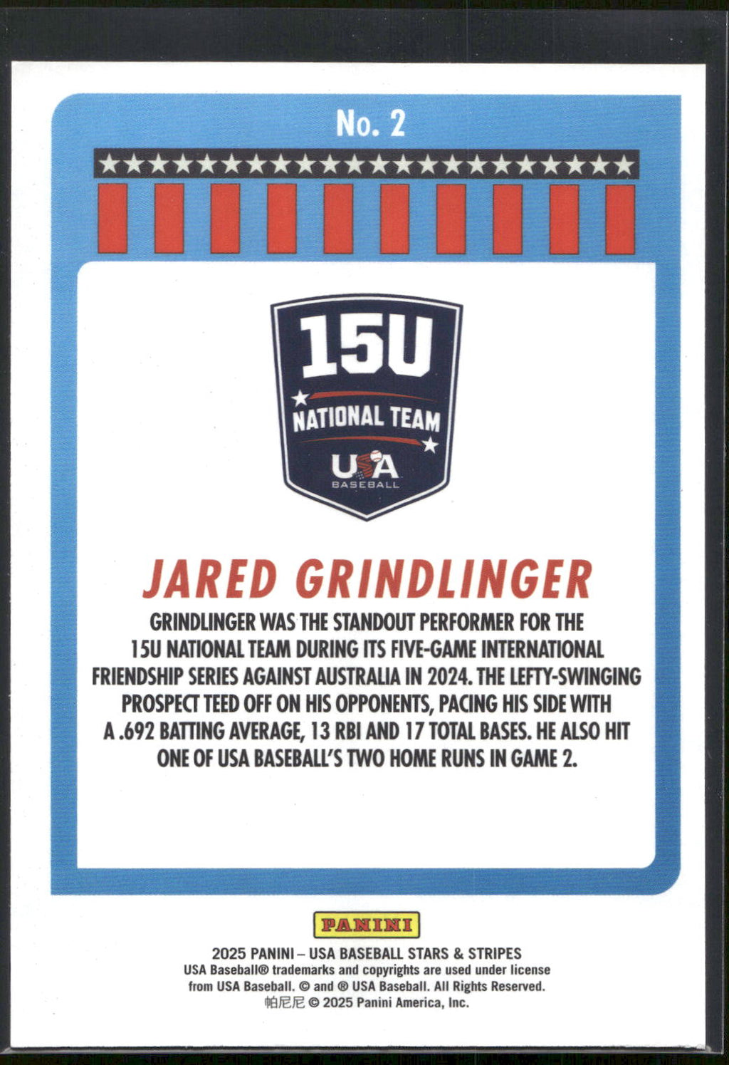 2025 Panini Stars & Stripes USA Baseball #2 Jared Grindlinger