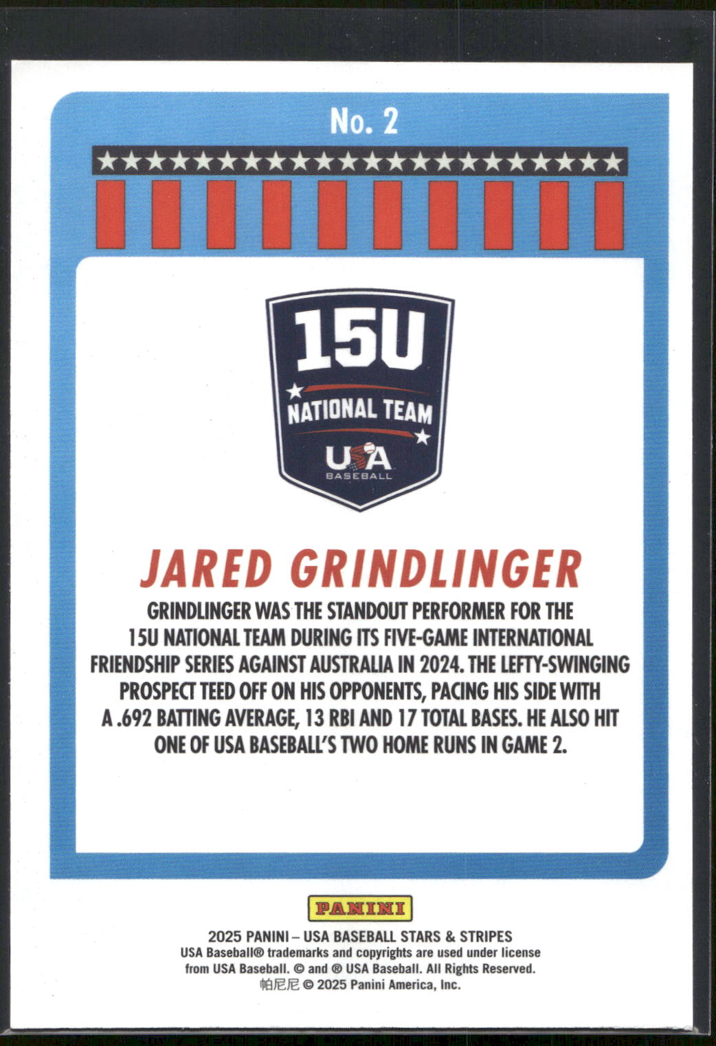 2025 Panini Stars & Stripes USA Baseball #2 Jared Grindlinger